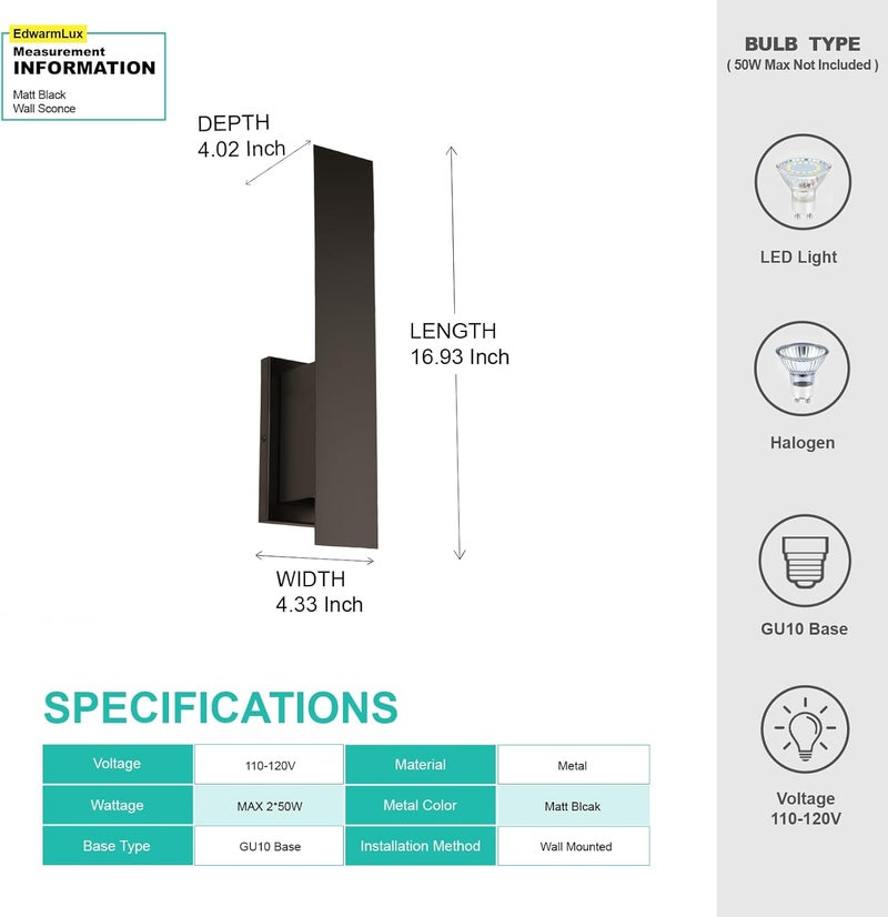 Edwarmlux أضواء حائط داخلية، أضواء حائط عصرية، ضوء حائط مثبت لأعلى ولأسفل، ضوء حائط قابل للتعتيم مثبت بشكل ثابت لغرفة النوم، غرفة المعيشة، الممر، لمبات GU10 غير مشمولة، عبوة 2 (أسود مطفي) - Image 5